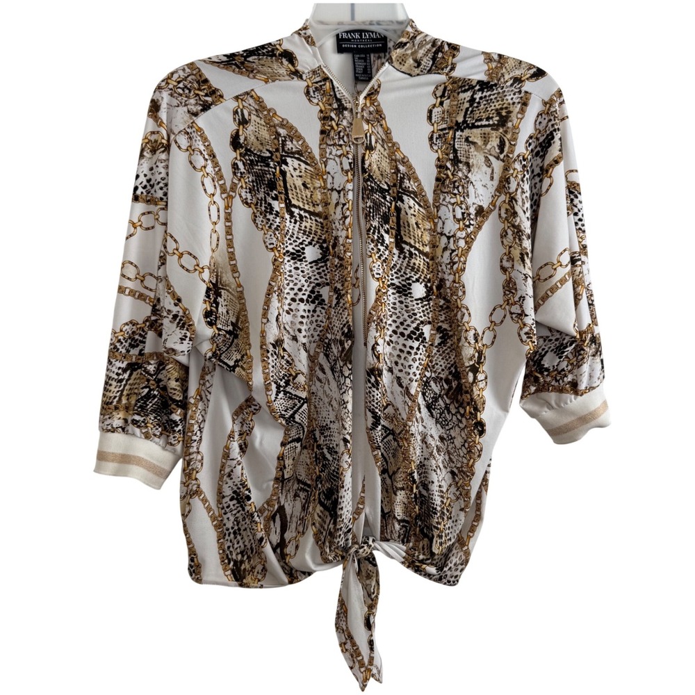 Frank Lyman Montreal Animal Print Zip Jacket Womens 14‎ Chain Baroque Tie Top